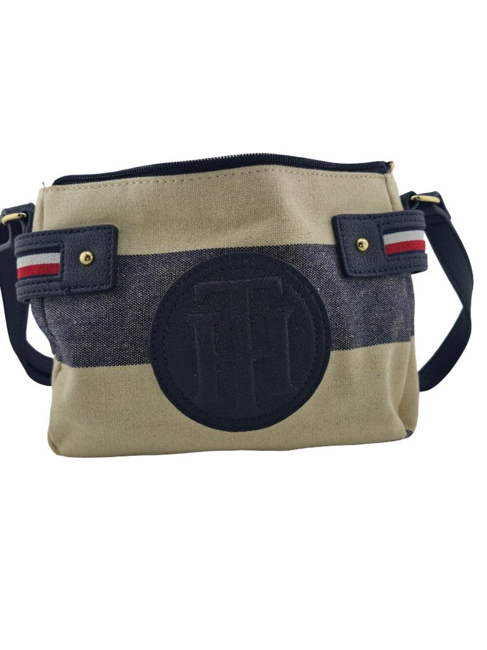 Tommy Hilfiger Canvas Crossbody Bag Navy Beige TH Logo Adjustable Strap Purse